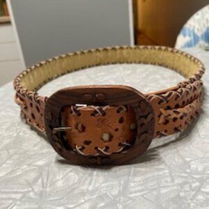 Vintage High Quality Argentine braided leather belt with wood flowered buckle
